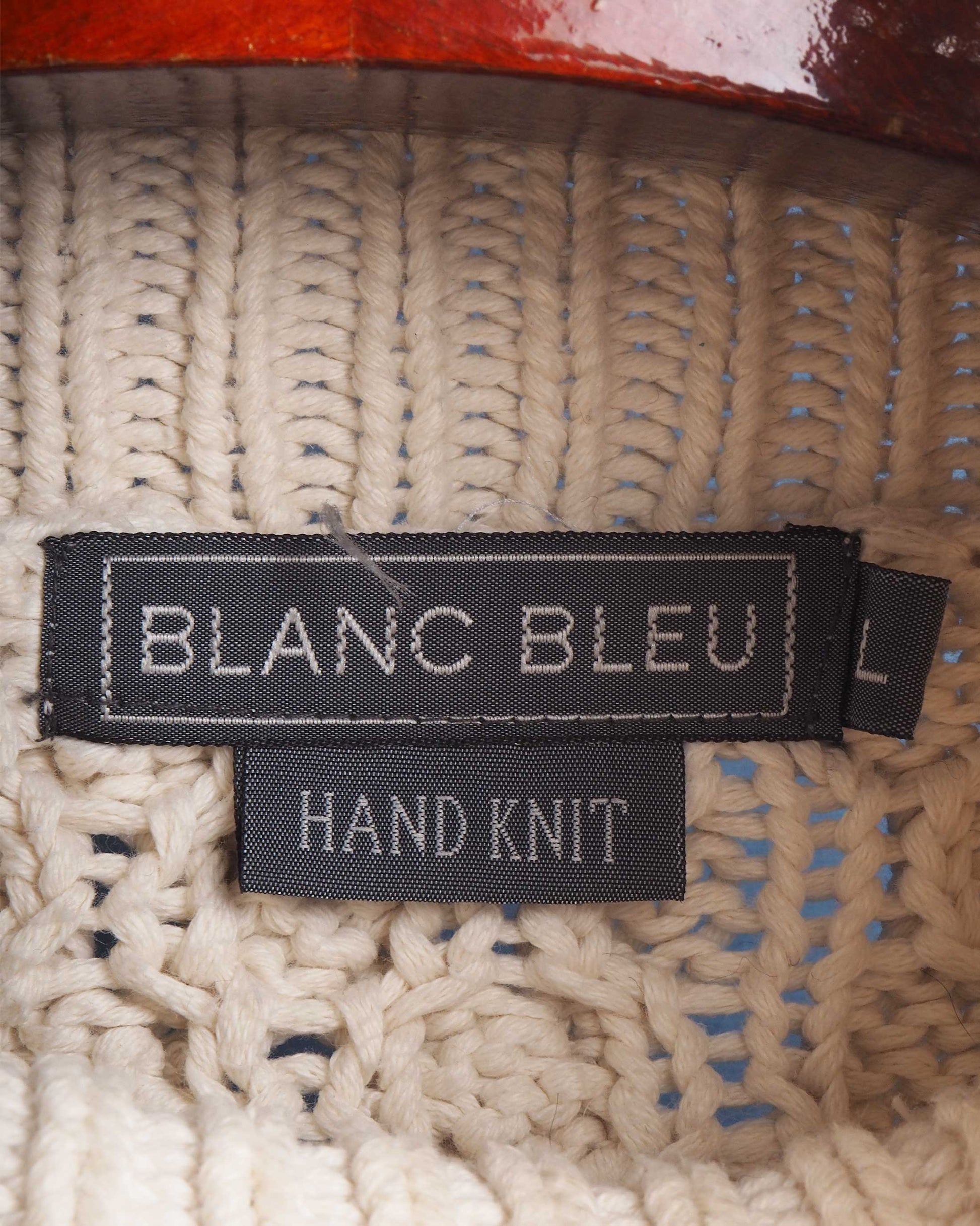 c.1980 Hand Knitted Blanc Bleu Pullover